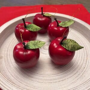 Set‎ of 5 Red Apple Ornaments Green Leaves and Hanging Loops Holiday farmhouse